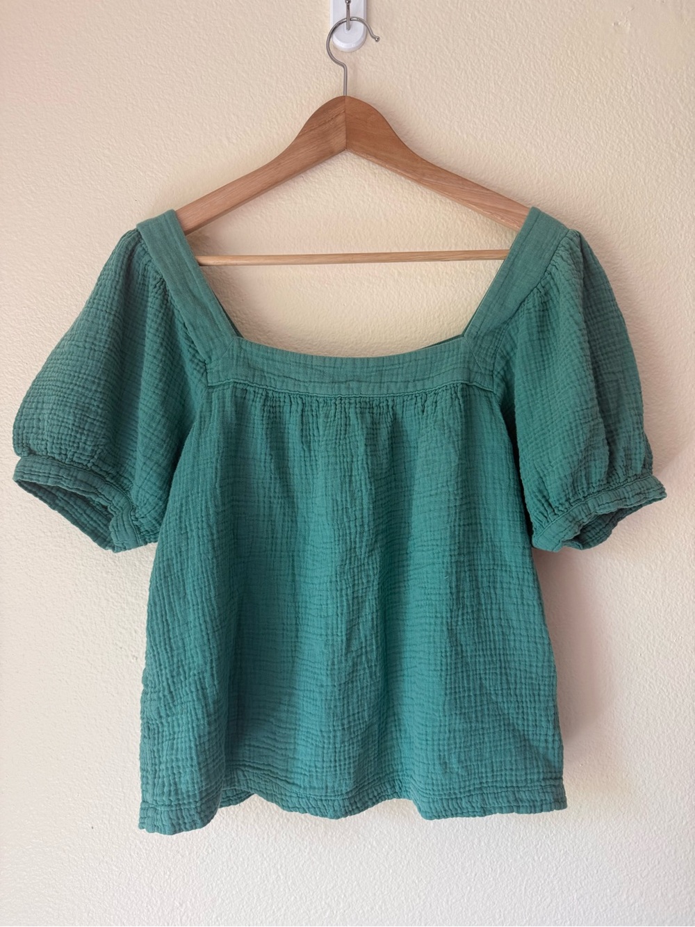 HONORINE Square Neck Teal Green Puff Sleeve Blouse